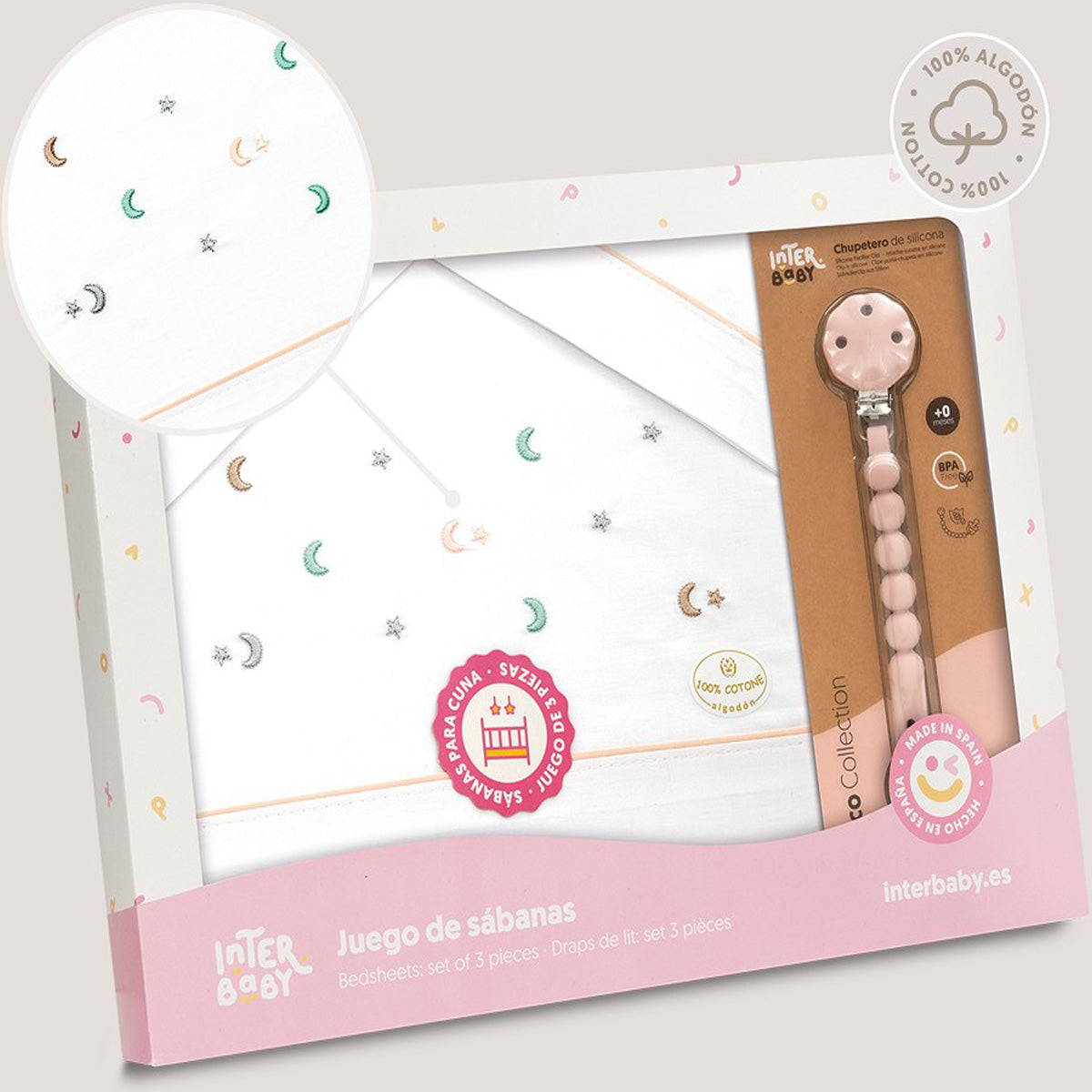 Set triptico cuna + chupetero Estrella/Luna 2 colores disponibles