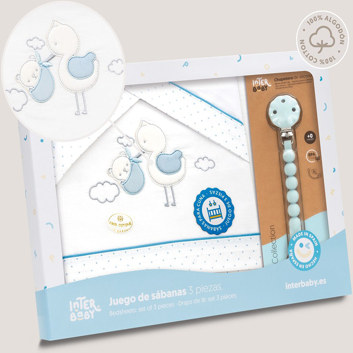 Set triptico cuna + chupetero Cigueña/Oso 4 colores disponibles