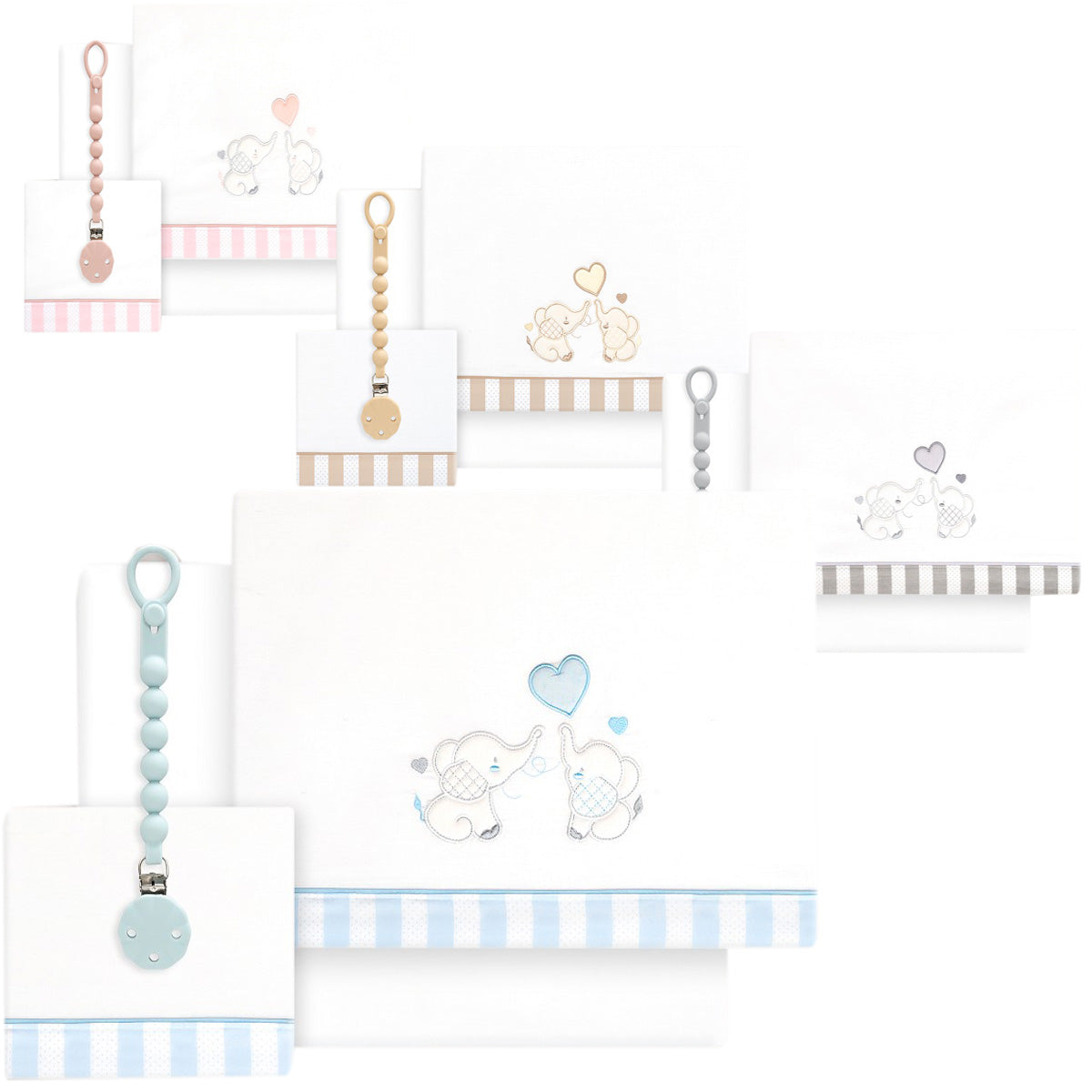 Set triptico cuna + chupetero Elefantes 4 colores disponibles