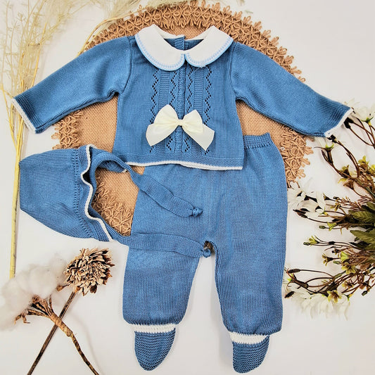 Conjunto de 3 piezas perlé azul azafata (0 a 6 meses)