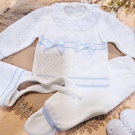 Conjunto de 3 piezas blanco/celeste en perlé (0 a 6 meses)