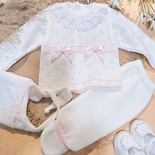 Conjunto de 3 piezas blanco/rosa en perlé (0 a 6 meses)