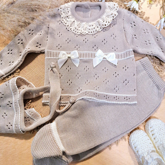 Conjunto de 3 piezas tierra en perlé (0 a 6 meses)