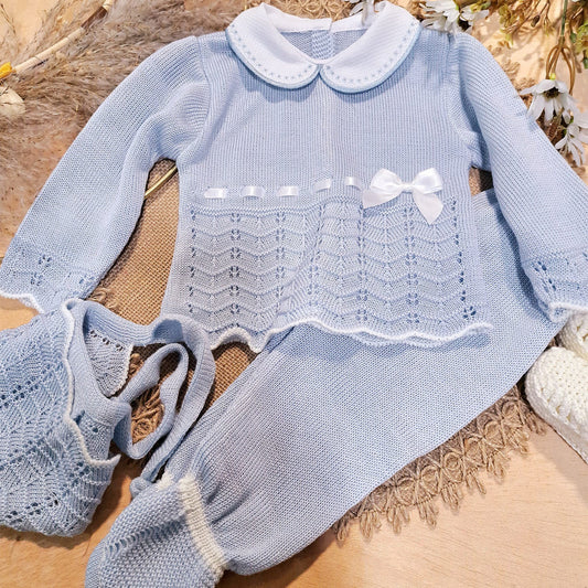 Conjunto de 3 piezas celeste en perlé (0 a 6 meses)
