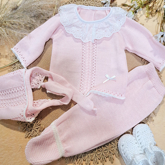 Conjunto de 3 piezas rosa  en perlé (0 a 6 meses)