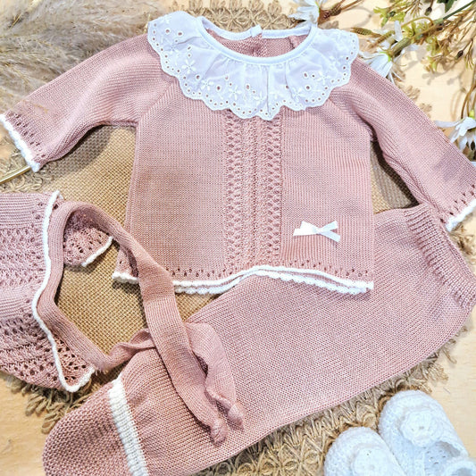 Conjunto de 3 piezas rosa palo en perlé (0 a 6 meses)