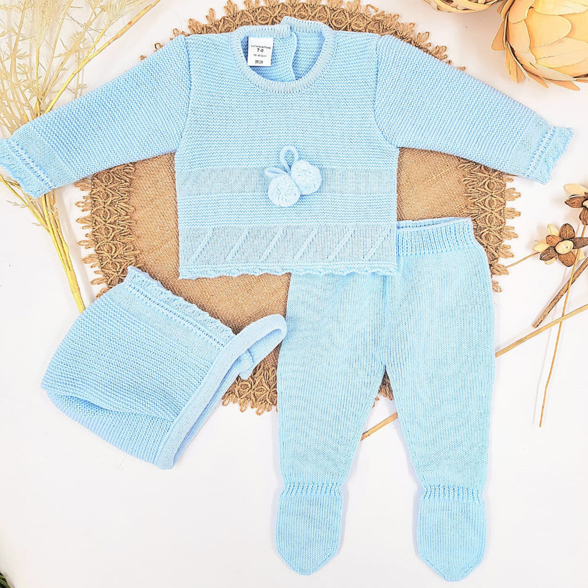 Conjunto de 3 piezas de punto celeste (0 a 3 meses)