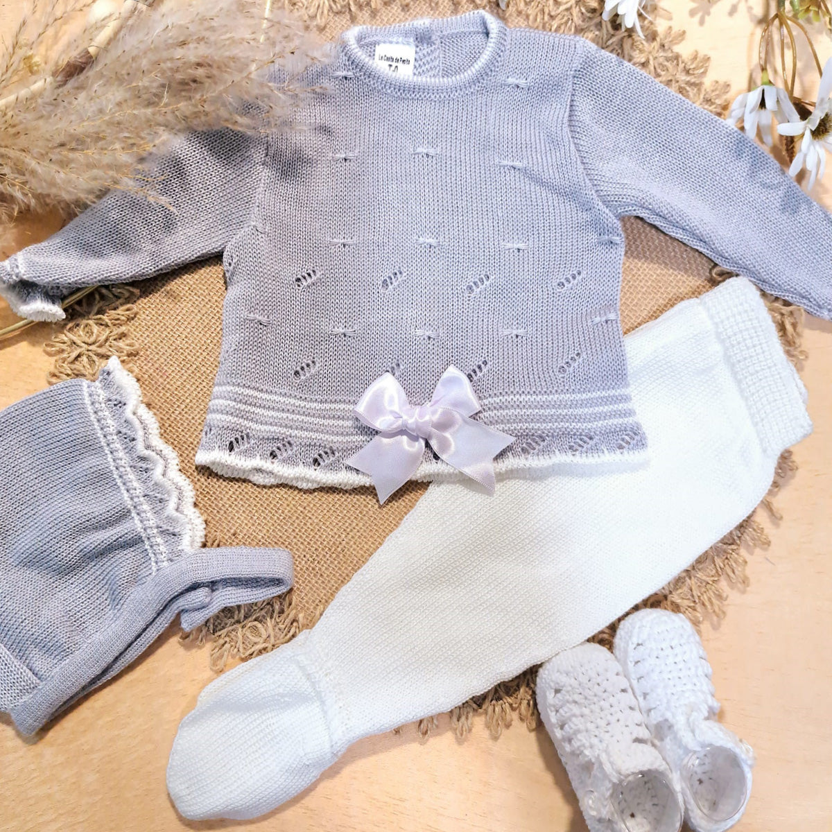 Conjunto 3 piezas gris en perlé (0 a 3 meses)