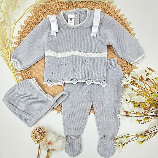 Conjunto de 3 piezas perlé gris(0 a 3 meses)