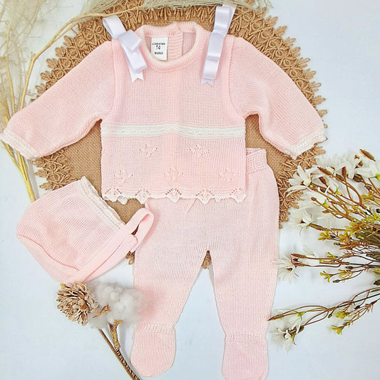 Conjunto de 3 piezas perlé rosa (0 a 3 meses)