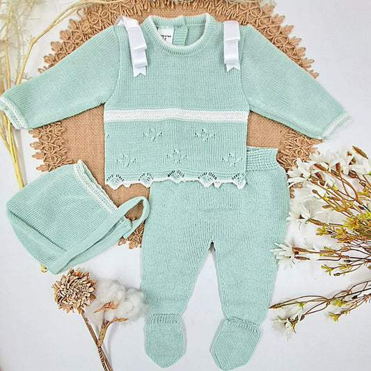 Conjunto de 3 piezas perlé verde (0 a 3 meses)