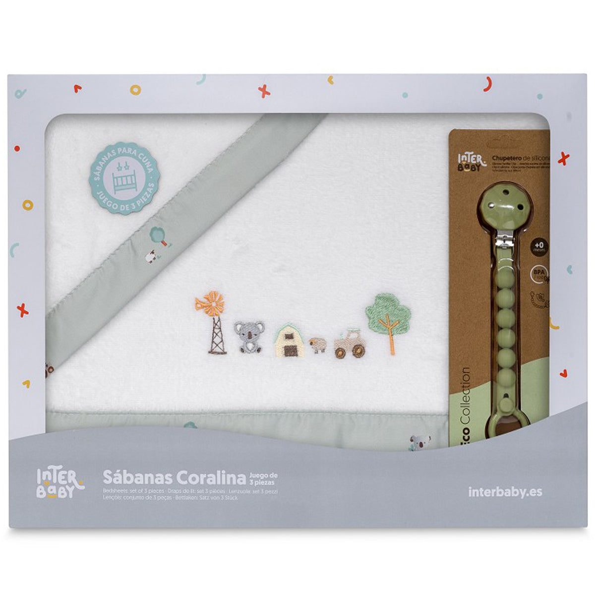 Sábanas cuna coralina + chupetero koala