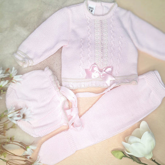 Conjunto de 3 piezas de punto rosa (0 a 3 meses)