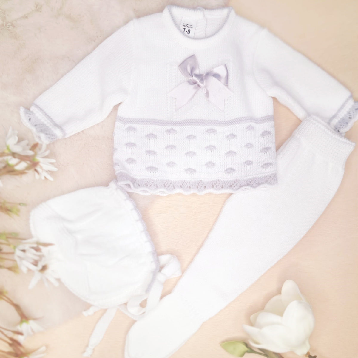 Conjunto de 3 piezas de punto blanco roto/gris (0 a 3 meses)