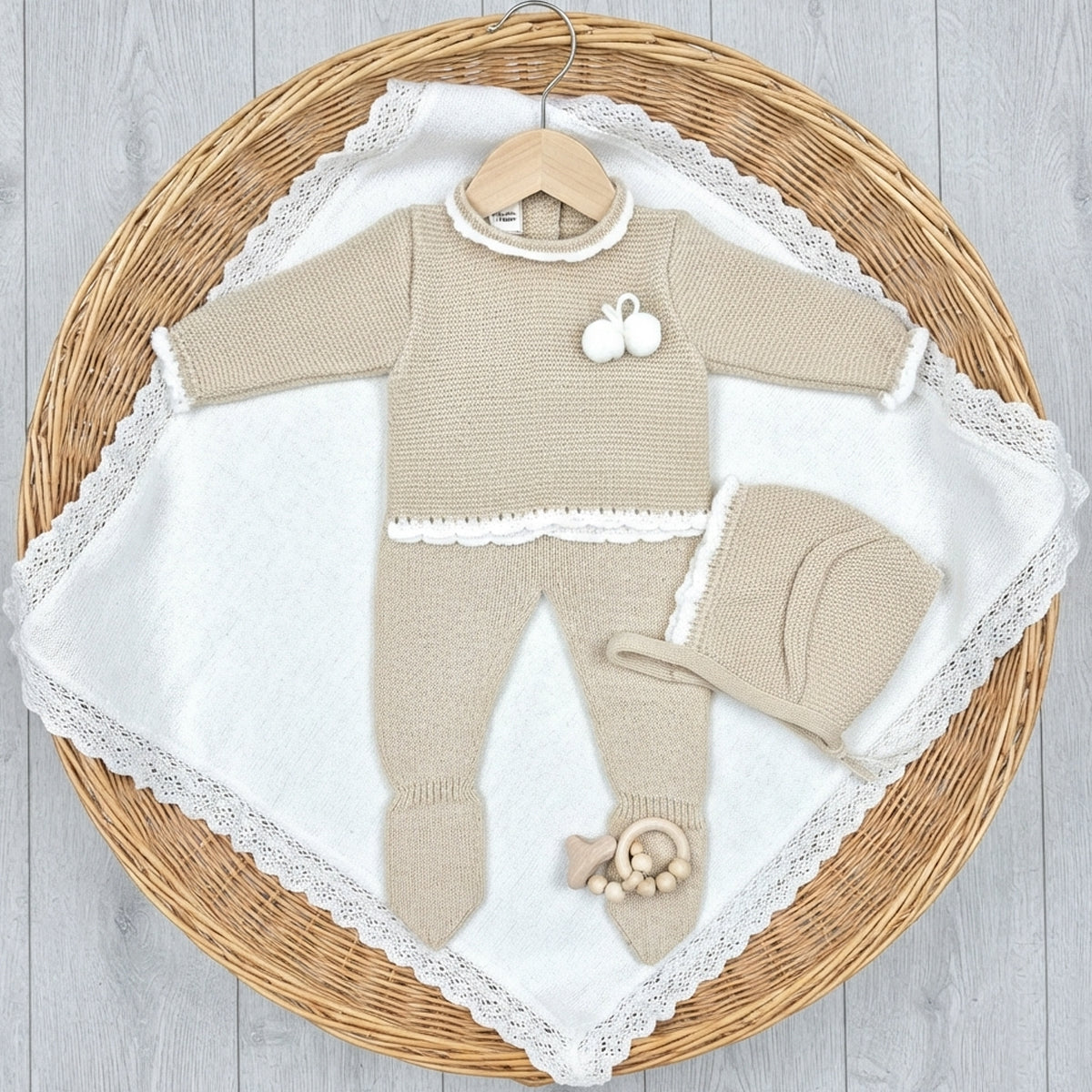 Conjunto 3 piezas de lana arena (0 a 3 meses)