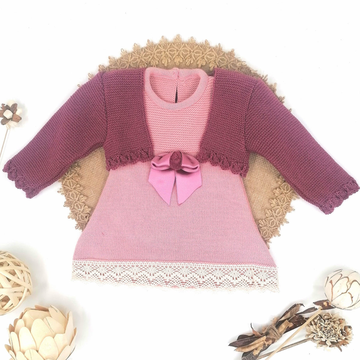 Vestido con Chaqueta Lana Rosa/Vino (3 a 18 meses)