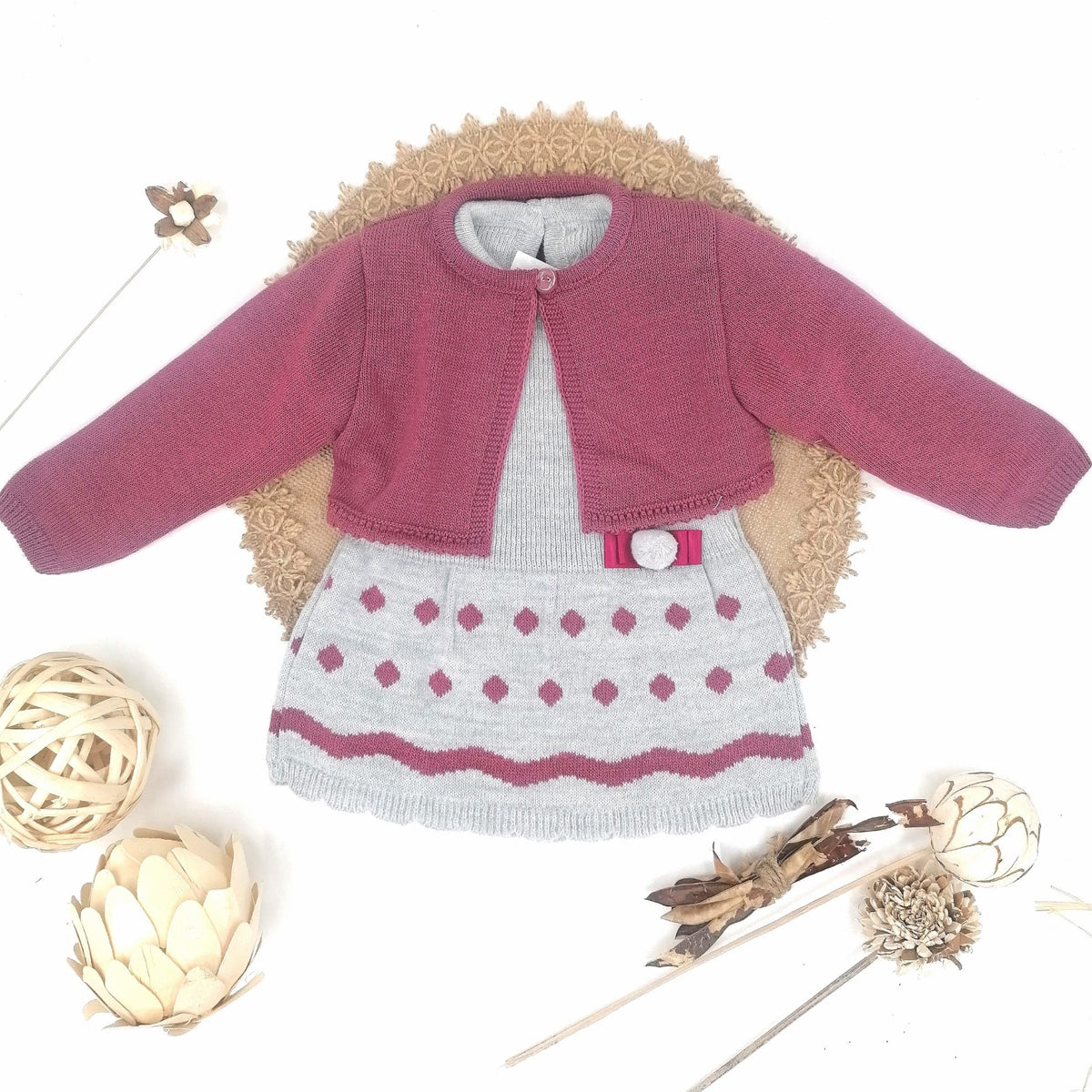 Vestido con Chaqueta Lana Gris/Vino (6 a 24 meses)