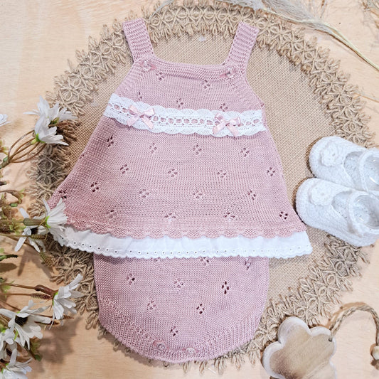 Conjunto en perlé rosa maquillaje (0 a 3 meses)