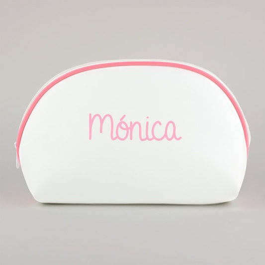 Neceser Polipiel Blanco-Ribete Rosa Personalizado
