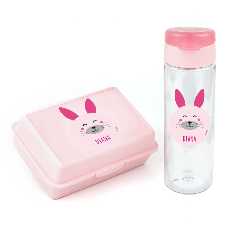 Packs Botella 600ml + Cajita Porta Alimentos Rosa personalizadas