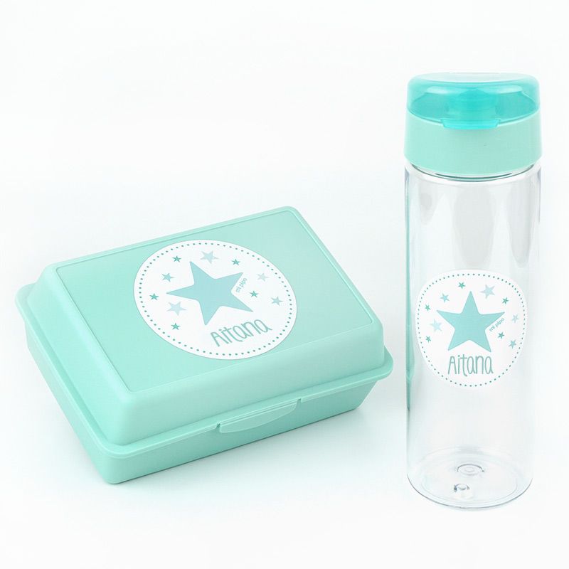 Packs Botella 600ml + Cajita Porta Alimentos Menta Personalizadas