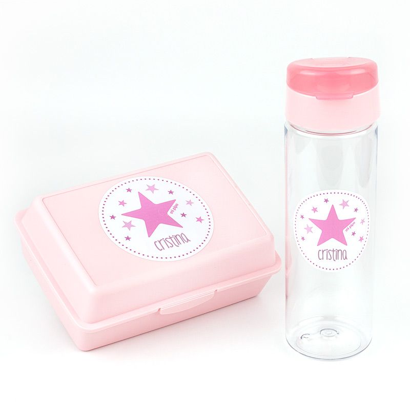Packs Botella 600ml + Cajita Porta Alimentos Rosa personalizadas