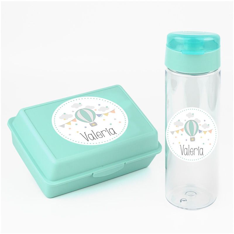 Packs Botella 600ml + Cajita Porta Alimentos Menta Personalizadas