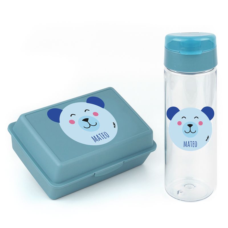 Packs Botella 600ml + Cajita Porta Alimentos Azul personalizadas