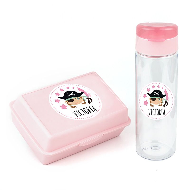 Packs Botella 600ml + Cajita Porta Alimentos Rosa personalizadas