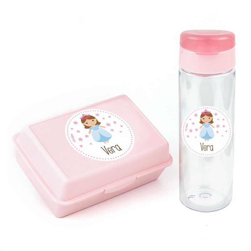 Packs Botella 600ml + Cajita Porta Alimentos Rosa personalizadas
