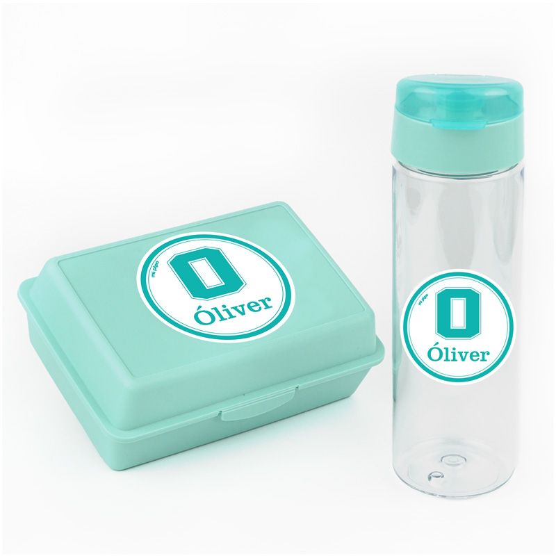 Packs Botella 600ml + Cajita Porta Alimentos Menta Personalizadas