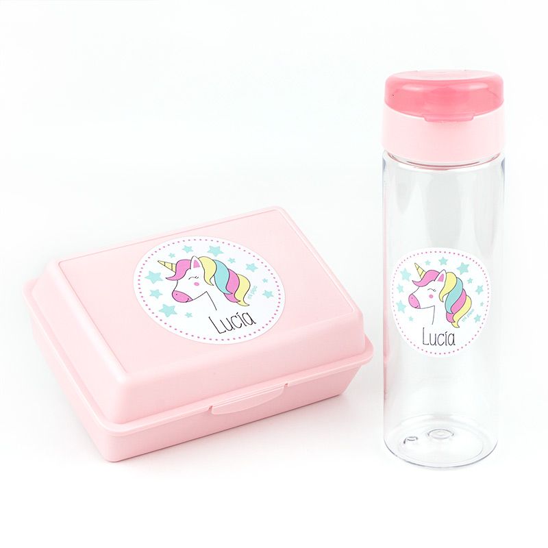 Packs Botella 600ml + Cajita Porta Alimentos Rosa personalizadas