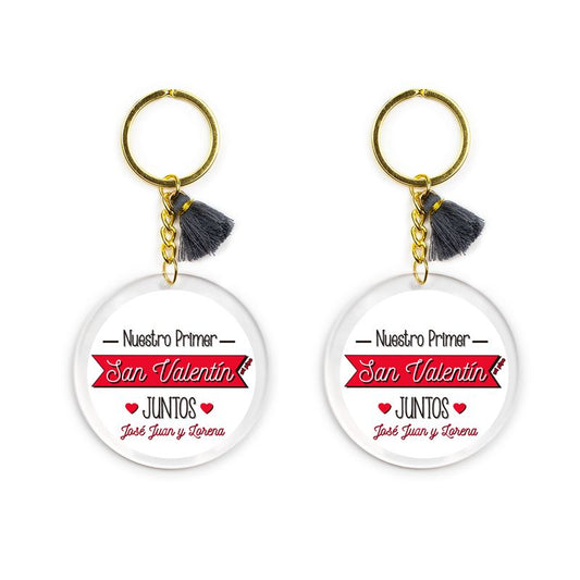 Pack llaveros personalizados metraquilato "Nuestro primer San Valentín juntos"