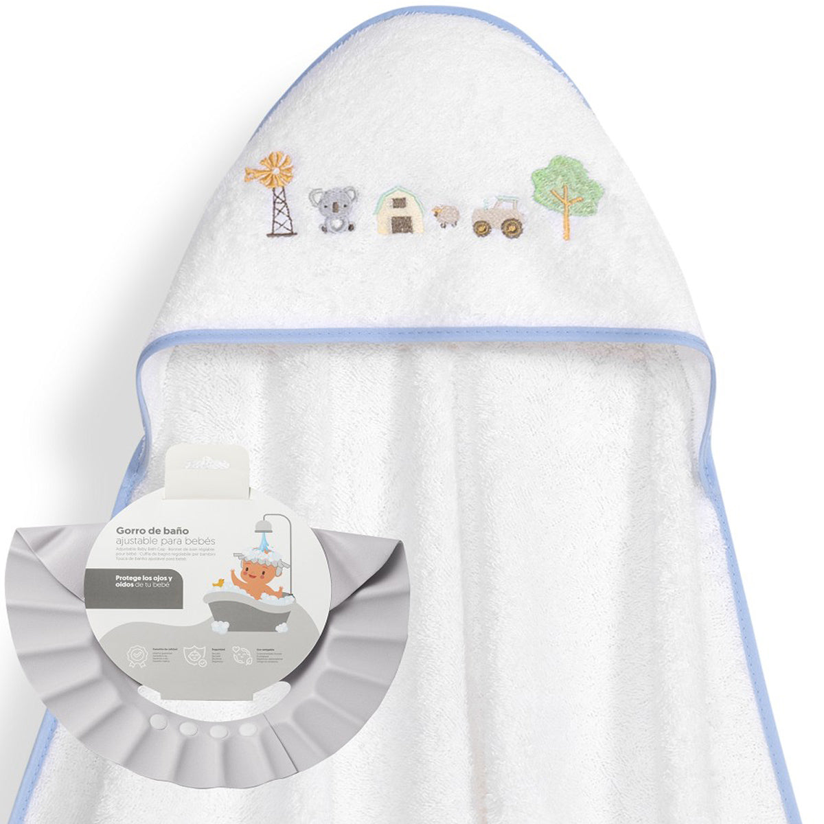 Capa de baño + gorro de baño Granja koala blanco/azul