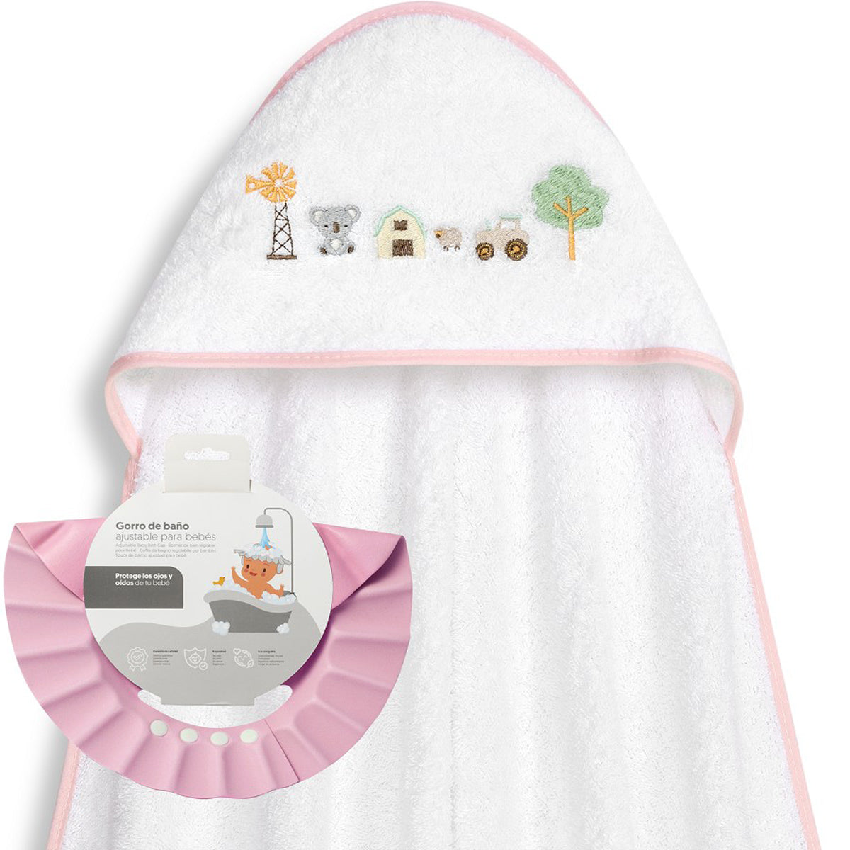 Capa de baño + gorro de baño Granja koala blanco/rosa