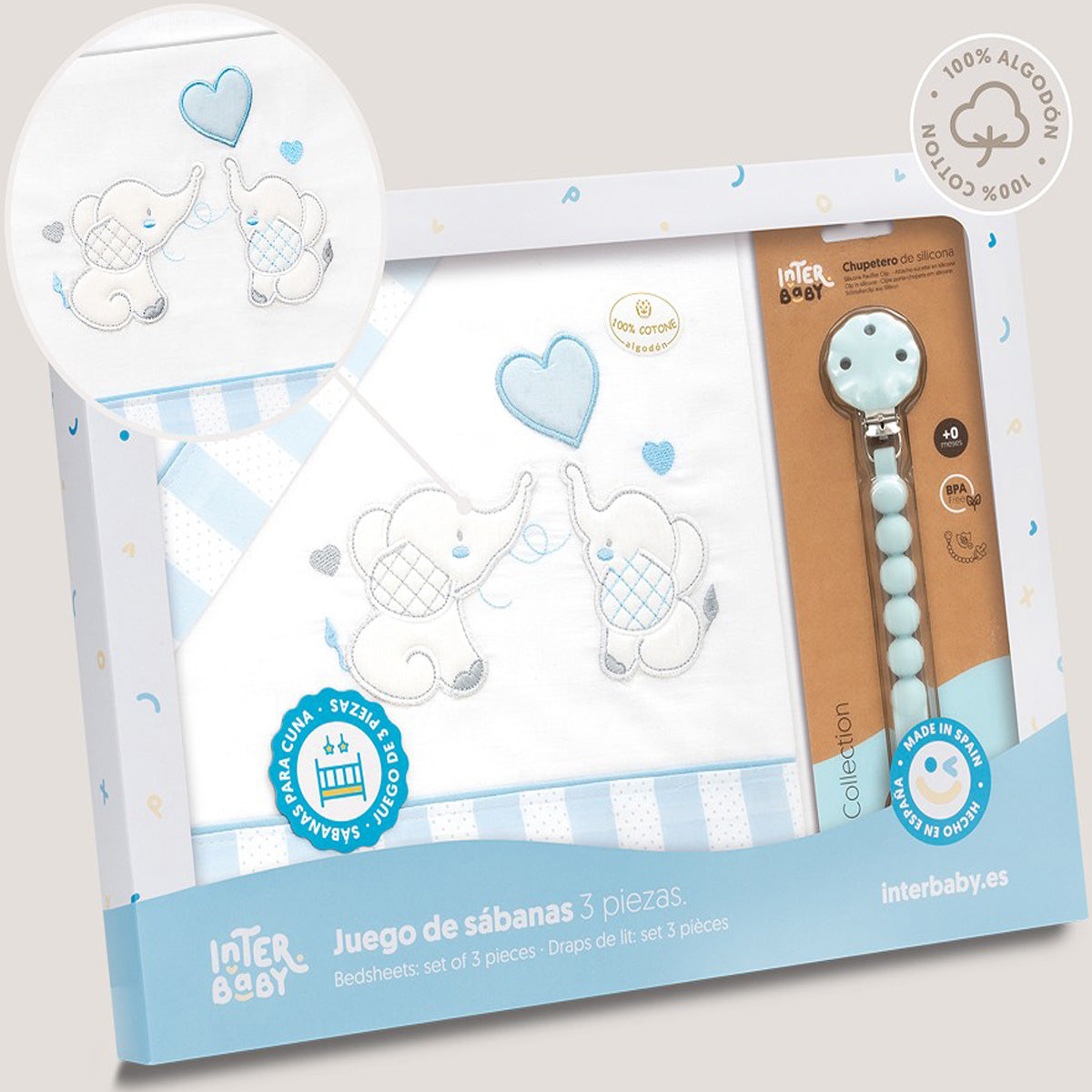 Set triptico cuna + chupetero Elefantes 4 colores disponibles