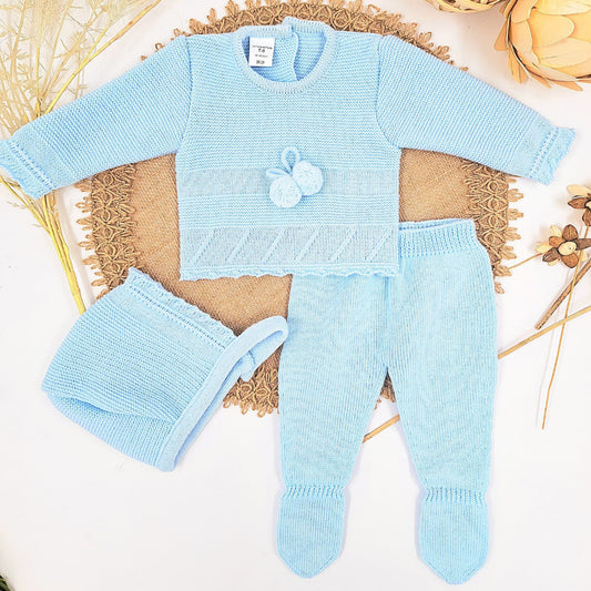 Conjunto de 3 piezas de punto celeste (0 a 3 meses)