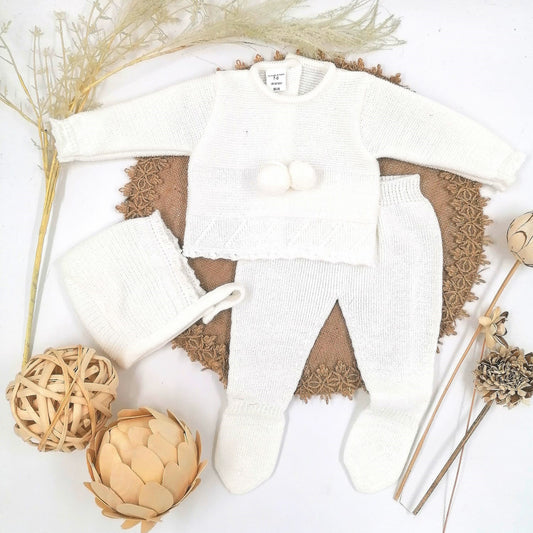 Conjunto de 3 piezas de punto blanco (0 a 3 meses)