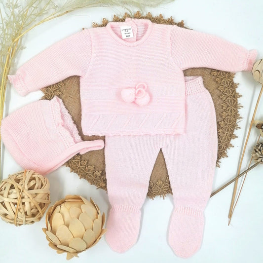 Conjunto de 3 piezas de punto rosa (0 a 3 meses)