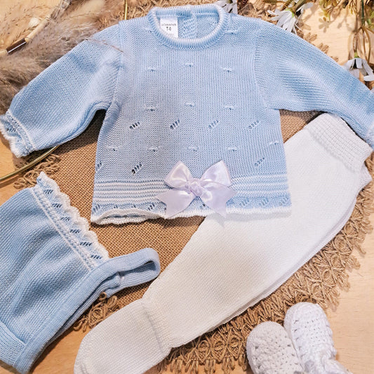 Conjunto 3 piezas celeste en perlé (0 a 3 meses)