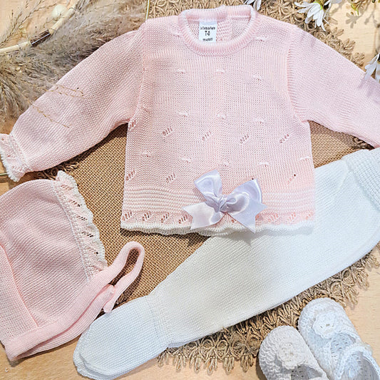 Conjunto 3 piezas rosa en perlé (0 a 3 meses)