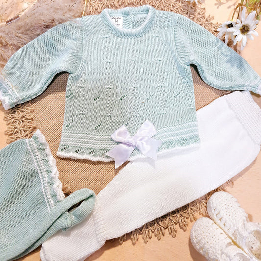 Conjunto 3 piezas verde en perlé (0 a 3 meses)
