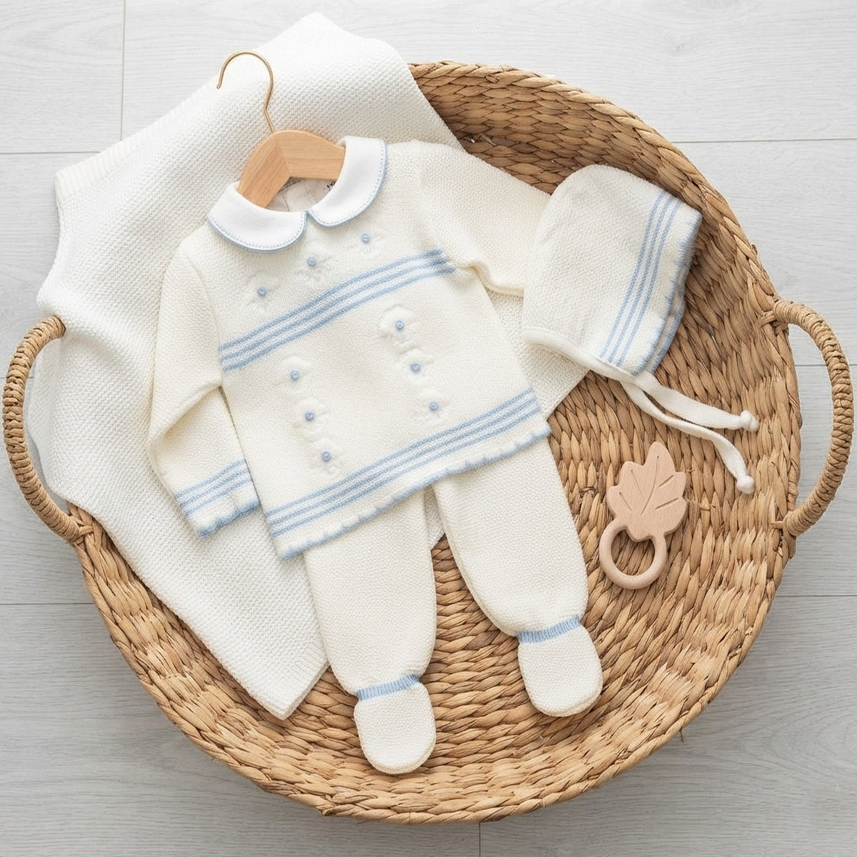 Conjunto 3 piezas lana blanco/celeste (0 a 6 meses)