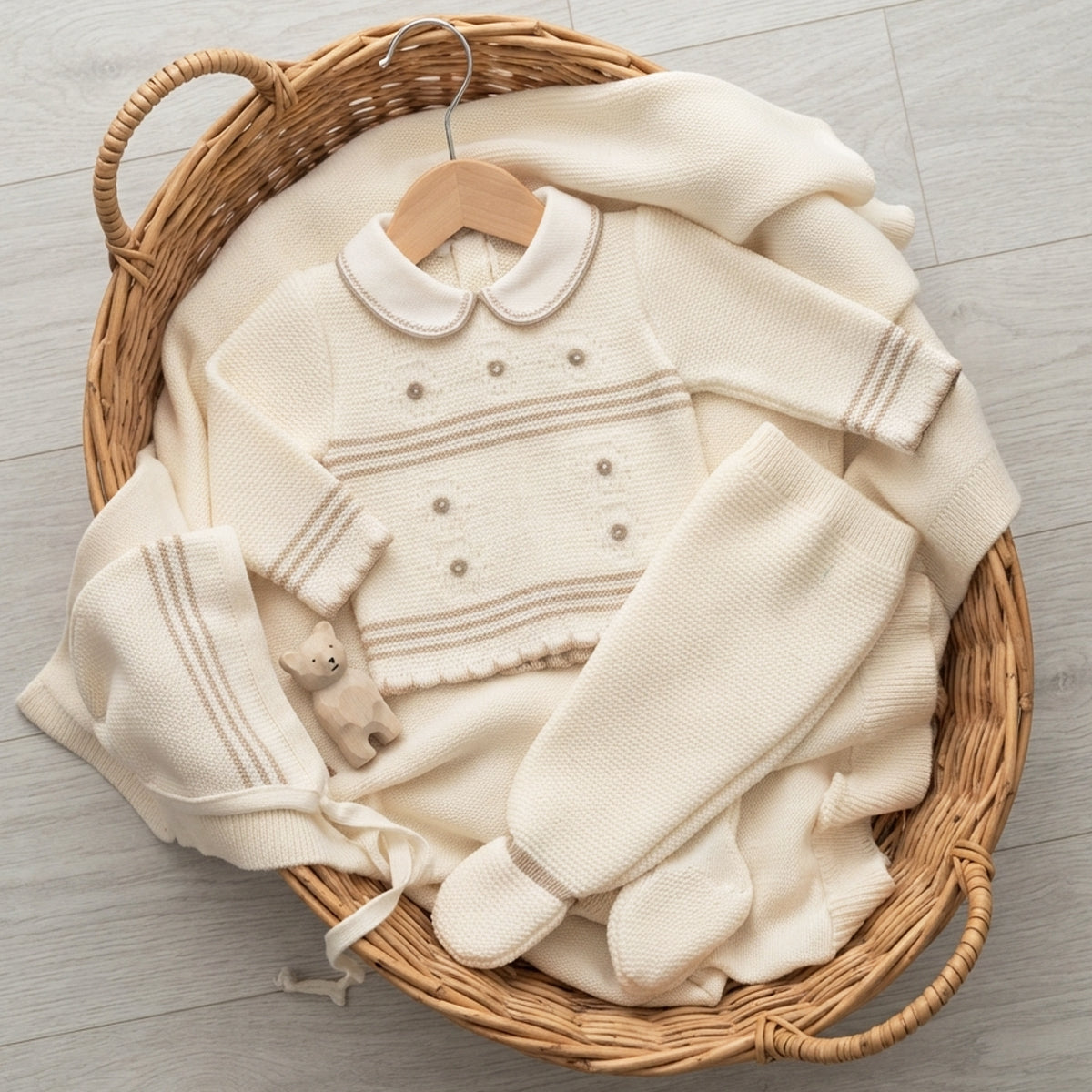 Conjunto 3 piezas lana crudo (0 a 6 meses)