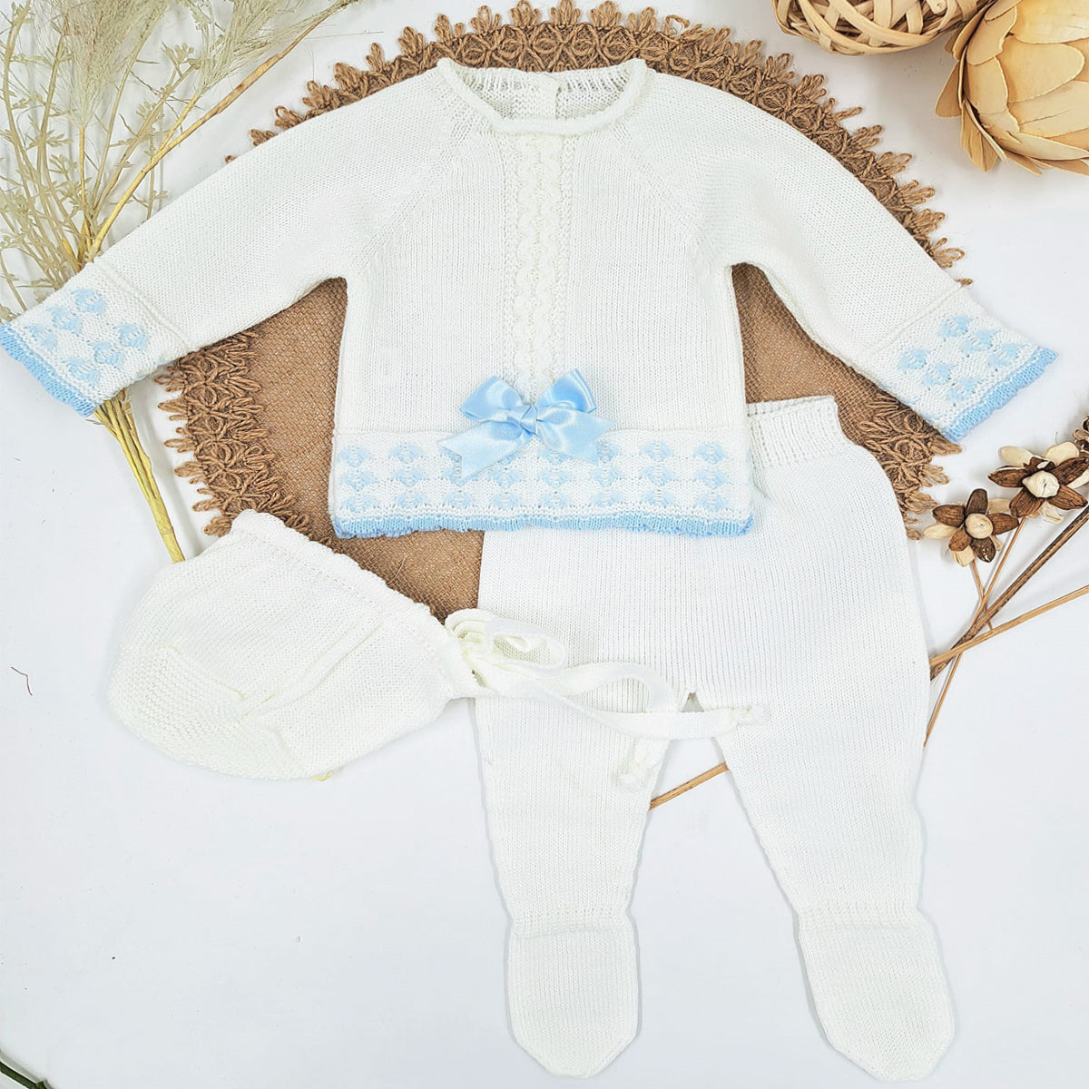Conjunto de 3 piezas de punto blanco (0 a 3 meses)
