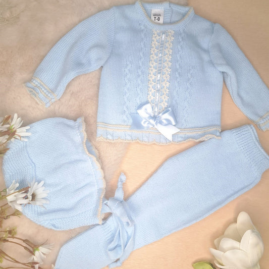 Conjunto de 3 piezas de punto celeste (0 a 3 meses)