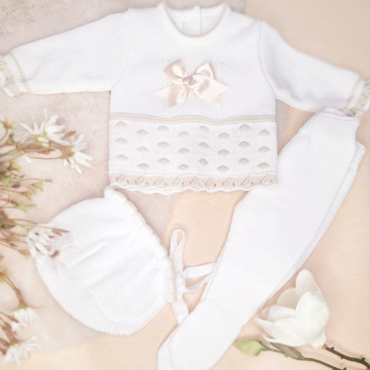 Conjunto de 3 piezas de punto blanco roto/arena (0 a 3 meses)