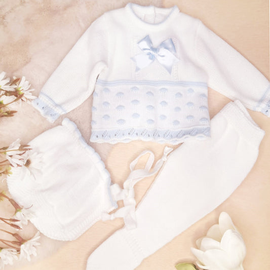 Conjunto de 3 piezas de punto blanco roto/celeste(0 a 3 meses)