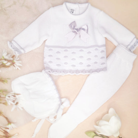 Conjunto de 3 piezas de punto blanco roto/gris (0 a 3 meses)