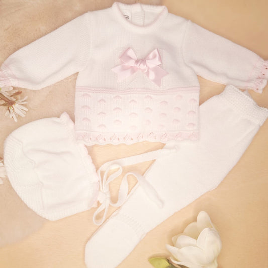 Conjunto de 3 piezas de punto blanco roto/rosa(0 a 3 meses)